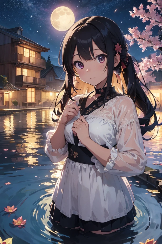 Cinematic, (Artwork), (best quality), (ultra-detailed), very aesthetic, illustration, perfect composition, intricate details, absurdities, (anime, Artwork, intricate:1.3), (best quality, hire textures , High detail:1.2), (4K),(incredibly detailed:1.4) 《Work of art》, 《best quality》, 《ultra-detailed》, Hot spring, mist, stones, cherry blossoms, glittery mist, moonlight, Heaven, lots of stars in the Heaven, water reflections of the night Heaven, floating lanterns above the water, flower petals in the water, moon in the Heaven, Anime art style, worldofmist, no character.