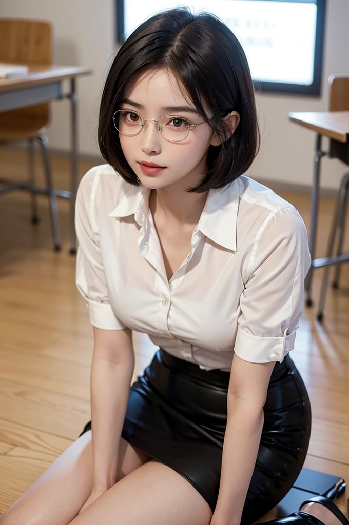 University lecture hall, university psychology associate professor, ((full body)), ((photo)), ((best qualtiy, 8K, tmasterpiece:1.3)), Focus:1.2, perfect figure beautiful woman:1.4, 1woman, cowboy shot, look at viewer, eyes facing the camera, incredibly absurd, beautiful and cute woman with a photorealistic face, showcasing top-quality craftsmanship, A Japanese woman giving a lecture at a university lecture hall, 27 years old, with a bob cut and flipped hair, short bangs swept at an angle, smooth and shiny hair, natural hairline, fair and smooth skin, plump and healthy cheeks, large, jet black eyes, round eyes, long and upward-facing eyelashes, double eyelids, thin and straight eyebrows, small and round nose, plump lips, upturned corners of the mouth, charming smile, cute face, glamorous, well-balanced proportions, tall, beautiful D-cup breasts, silver-rimmed glasses, pink blouse, black tight skirt, fashion with a waist-marked silhouette, scarf, heeled shoes, vanilla perfume, beautiful, pretty older woman, glasses suit her, knowledgeable, playful, curious, intelligent, elegant, November