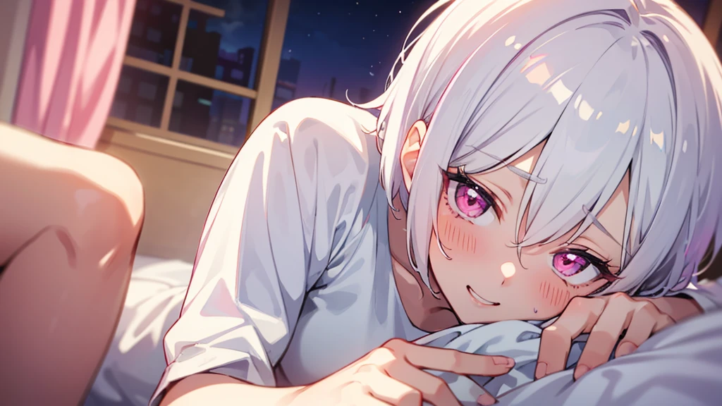White Hair Girl、Pink Eyes、Short Hair、Only one girl、Night、In the bedroom、Blushing、laughing、Excited、Just One、Sitting on the bed、Sweating、On all fours