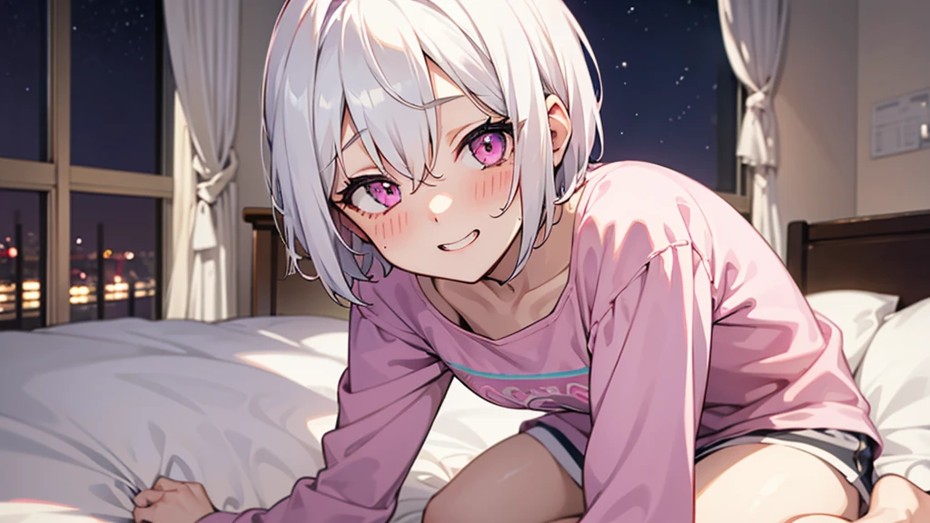 White Hair Girl、Pink Eyes、Short Hair、Only one girl、Night、In the bedroom、Blushing、laughing、Excited、Just One、Sitting on the bed、Sweating、On all fours