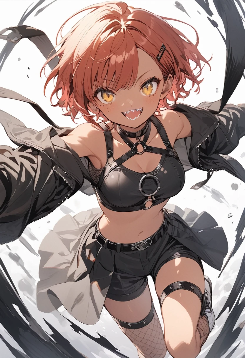 full body,1 woman, 20 years old (cute:1.3),short red Hair, left eye blue, right eye yellow, tan skin, freckles, sharp teeth,{open sexy clothes, black skirt, Black stockings, long sleeves, chest harness, black shirt, crop top, shorts, Shoes, O-Ring, midriff, off shoulder, medium breasts, thigh strap, shorts, fishnet stockings,Glossy, shiny material, sprinting across the frame