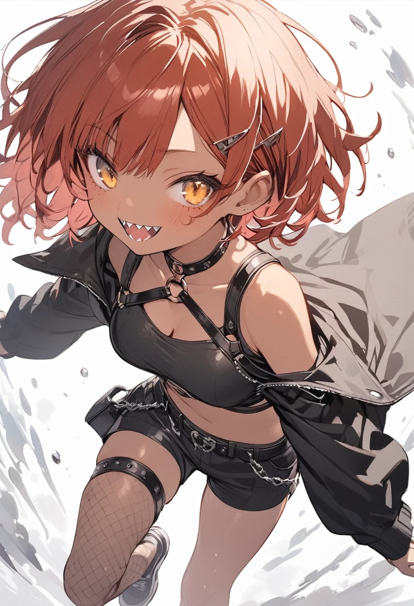 full body,1 woman, 20 years old (cute:1.3),short red Hair, left eye blue, right eye yellow, tan skin, freckles, sharp teeth,｛open sexy clothes, black skirt, Black stockings, long sleeves, chest harness, black shirt, crop top, shorts, Shoes, O-Ring, midriff, off shoulder, medium breasts, thigh strap, shorts, fishnet stockings,Glossy, shiny material, sprinting across the frame
