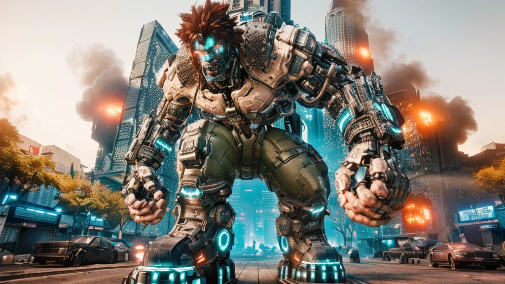 a cyberpunk giant destroying a futuristic city, fighting game character, cyberpunk art, ultra-realistic 8k, photorealistic, highly detailed, dramatic lighting, volumetric fog, intricate mechanical design, dystopian atmosphere, advanced technology, crumbling buildings, mechanical limbs, piercing gaze, menacing presence, cinematic composition