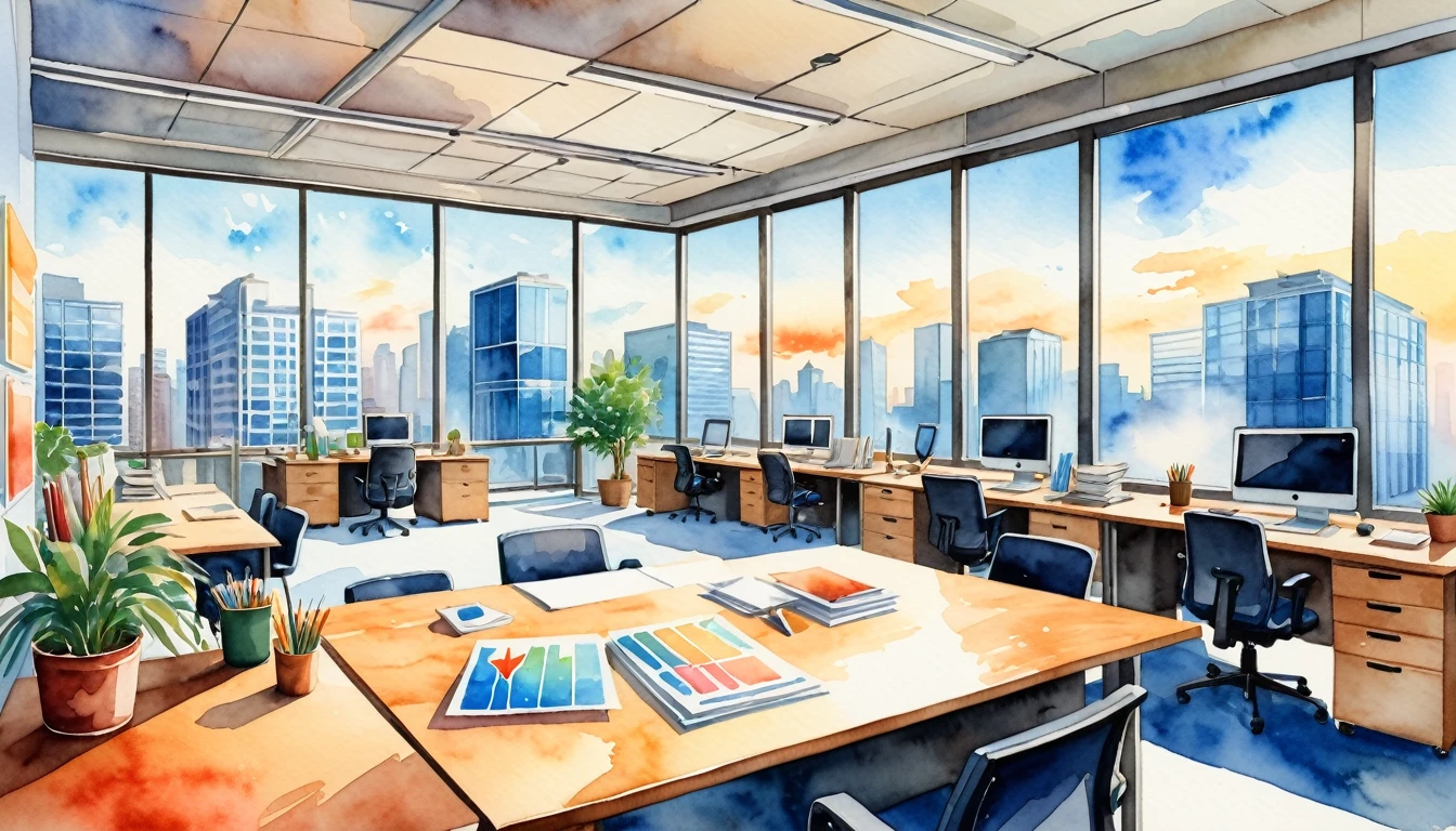 Image of arrows spinning around、Morning office in the background、Watercolor Touch