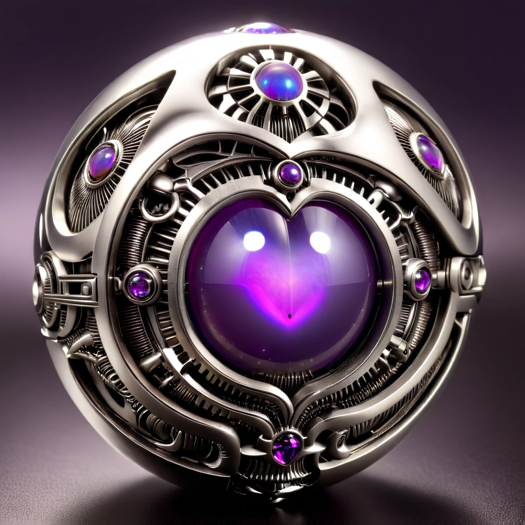 a silver and opal mechanical orb, giger style, silvercarvingcd_xl , purple heart aura,