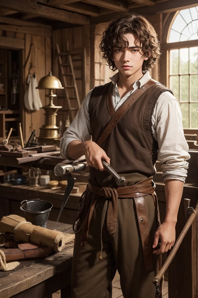 The 18-year-old blacksmith boy after knight has brown curly hair and brown or golden eyes.  

