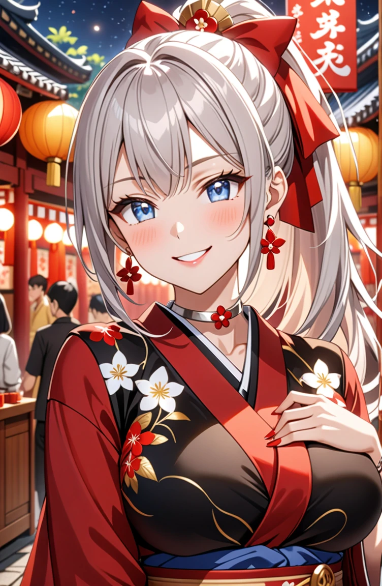 ((one girl)), hyper detailed, absurdres, 8K,Cute face, (Laugh shyly), ((teasing smile:1.8)), ((Wink:1.8)), (Laugh with your mouth wide open:1.3),(Tilt your head:1.3),  View your viewers, ((Bright red cheeks:1.6)),Glossy Red Lips, ((Big Breasts:1.5)) night, Shrine festival stalls, (Brighten your face), ((Anime style background)),masterpiece, Highest quality, so beautiful,Latest, Complex details, (Pink long nails), (nail art), (ring),(bracelet), (Floral Choker),AI-generated, Complex,High resolution, Highest quality, super high quality,3D Images、3D Images,One person,Long white hair,(High Ponytail), Anime woman posing for a photo,((blue eyes:1.2)), ((Fine grain、Silver Eyes、Shining Eyes:1.7)), (Squint your eyes:1.1),a hyperRealistic , hyperRealistic , Realistic,Anime woman with long white hair, Smooth anime CG art, With gold embroidery、A girl in a gorgeous kimono, ((Black long sleeve kimono:1.3)),(Red large floral pattern) ,Long flower hair ornament,Floral Earrings,Mature Body, expensive,Abdominal muscles,Tight waist,((Zoom in on face:2.1)),(from above),
