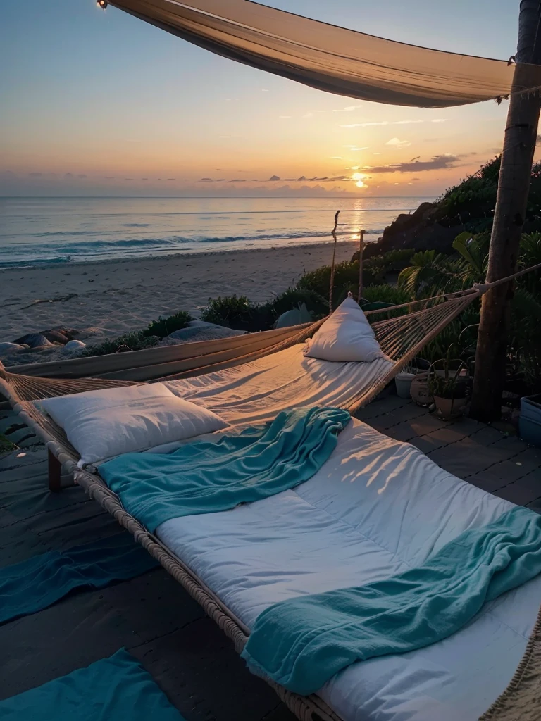 The photo depicts a cozy beach setup during sunset. In the foreground, there's a hammock adorned with soft, light blue pillows and blankets. Above the hammock, bright string lights hang, adding a warm and inviting glow to the scene. The sunset beautifully reflects on the calm blue sea, casting a golden hue across the water and enhancing the tranquil atmosphere.