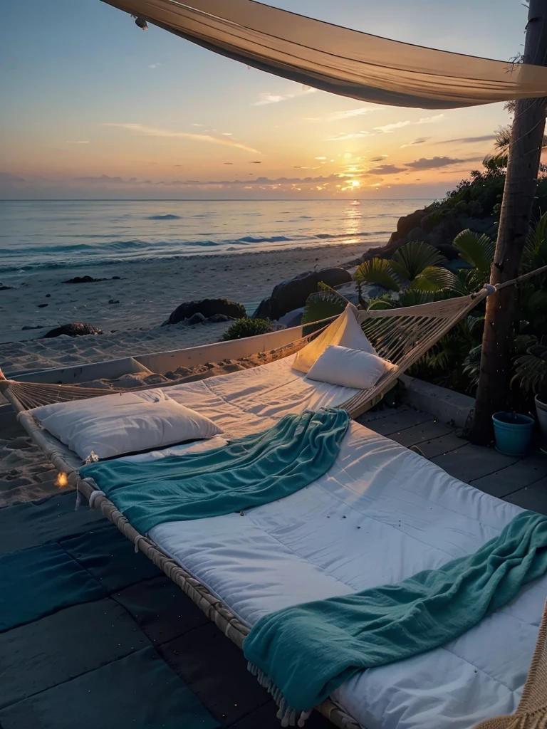 The photo depicts a cozy beach setup during sunset. In the foreground, there's a hammock adorned with soft, light blue pillows and blankets. Above the hammock, bright string lights hang, adding a warm and inviting glow to the scene. The sunset beautifully reflects on the calm blue sea, casting a golden hue across the water and enhancing the tranquil atmosphere.