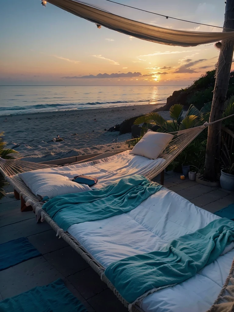 The photo depicts a cozy beach setup during sunset. In the foreground, there's a hammock adorned with soft, light blue pillows and blankets. Above the hammock, bright string lights hang, adding a warm and inviting glow to the scene. The sunset beautifully reflects on the calm blue sea, casting a golden hue across the water and enhancing the tranquil atmosphere.