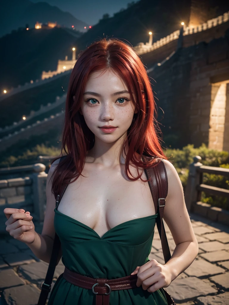 ((ROW фото )), ((high quality)), ((Photorealism)), masterpiece, Clarity, detailing, high sharpness, sexy girl along the great wall of china with her friends, backpack, Evening, big green eyes, (( Red hair )) , freckles, small parts, small breasts, pleasure, Bright studio lighting, smile,