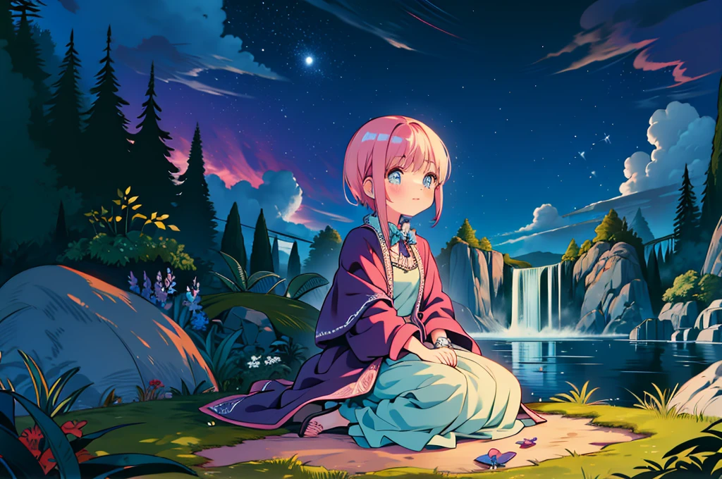 Scenery, light blue sky, 1girl, ichika sitting in the waterfalls, cloud, sitting on rocks in the middle of the waterfall, magical photography, ultra-detailed, 4k, Depth of field, High-resolution, outdoors, starry night sky, starts made of iridescent tears, pastel aesthetic colors, sfw, nakano_ichika, aaichika, Nakano ichika sitting in the waterfall, short silky pink hair, masterpiece, 4k, ultradetailed, cowboy shot, nakano ichika, blue eyes, sparkling eyes, green bowtie, veiled pretty iridescent dress, minimal dress, attractive confident smile, happy, cute, Official art、Beautifully Aesthetic:1.2)、(a beauty girl:1.3)、vivid colours、colourful, Soft Light, Deep Focus Bokeh, fantasy, galaxy, sparkling, splendid, colorful, dramatic lighting, intricate details, (1 girl, solo, alone), intricate details, sfw, nakano_ichika, sparkling eyes, laughing happily, crystal, fantasy, shimmering, sparkling, splendid, colorful, bright colours. fix her hands, studio lighting:1.2), ichika nakano, 