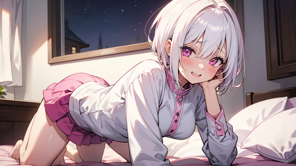 White Hair Girl、Pink Eyes、Short Hair、Only one girl、Night、In the bedroom、Blushing、laughing、Excited、Just One、Sitting on the bed、Sweating、On all fours