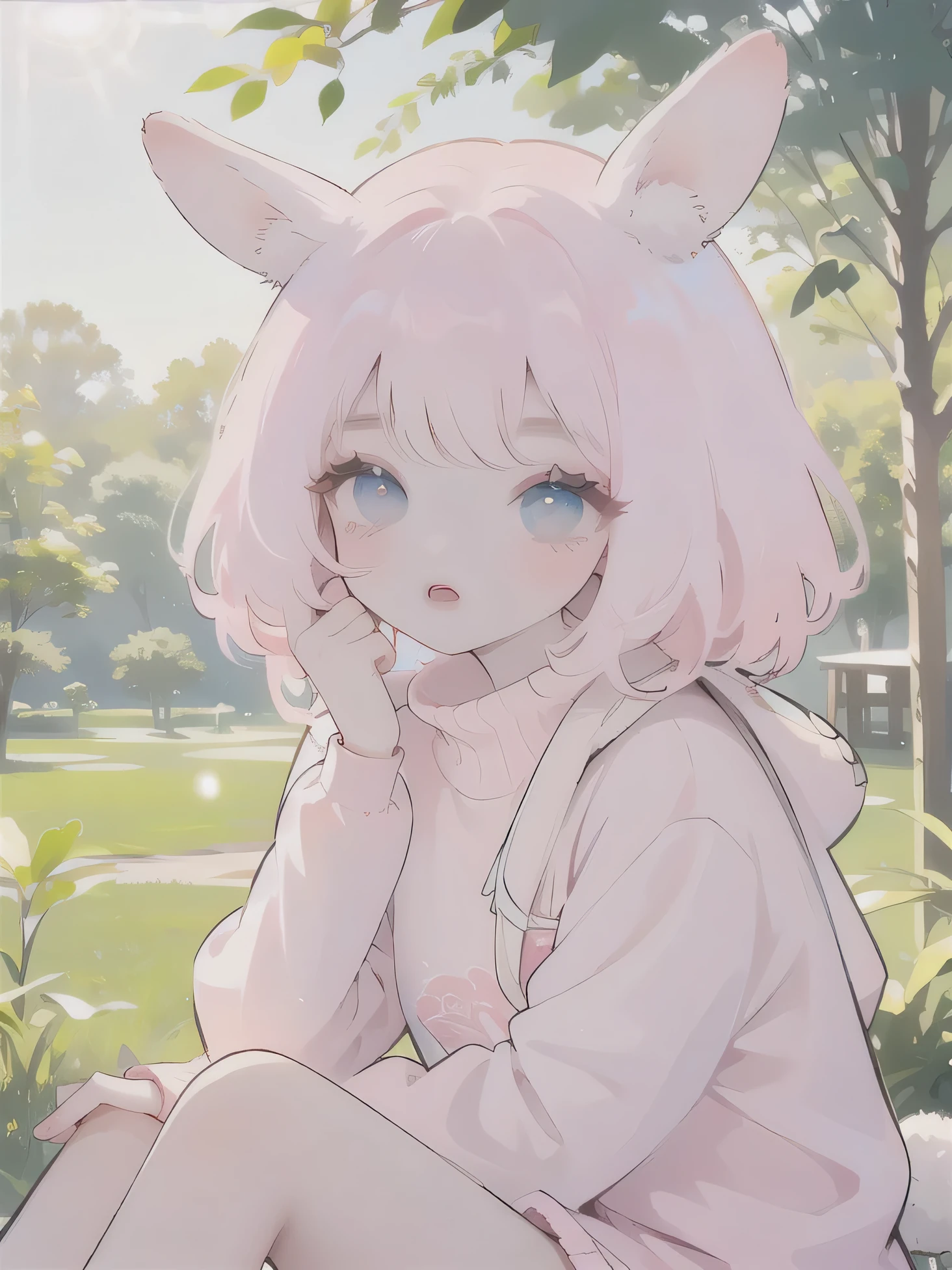 (high quality) (best quality) (a woman) (correct physiognomy) (perfect students) (perfect eyes) anime woman, deep pink long and fluffy hair pink, two rabbit ears coming out of her head, blue eyes, lips sensitive, feminine appearance, soft facial features, thin eyebrows, soft skin, rosy cheeks, pink lips, silky eyelashes, dreamy expression, middle age, youthful clothing, print sweatshirt, photo illuminated by sunlight, Woman sitting on forest.