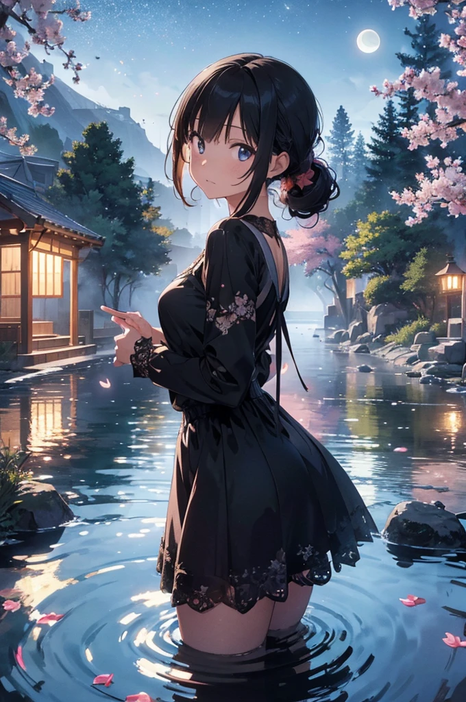Cinematic, (Artwork), (best quality), (ultra-detailed), very aesthetic, illustration, perfect composition, intricate details, absurdities, (anime, Artwork, intricate:1.3), (best quality, hire textures , High detail:1.2), (4K),(incredibly detailed:1.4) 《Work of art》, 《best quality》, 《ultra-detailed》, Hot spring, mist, stones, cherry blossoms, glittery mist, moonlight, Céu, lots of stars in the Céu, water reflections of the night Céu, lanterns floating above the water, flower petals in the water, moon in the Céu,
