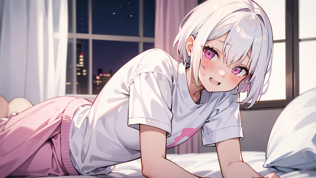 White Hair Girl、Pink Eyes、Short Hair、Only one girl、Night、In the bedroom、Blushing、laughing、Excited、Just One、Sitting on the bed、Sweating、On all fours