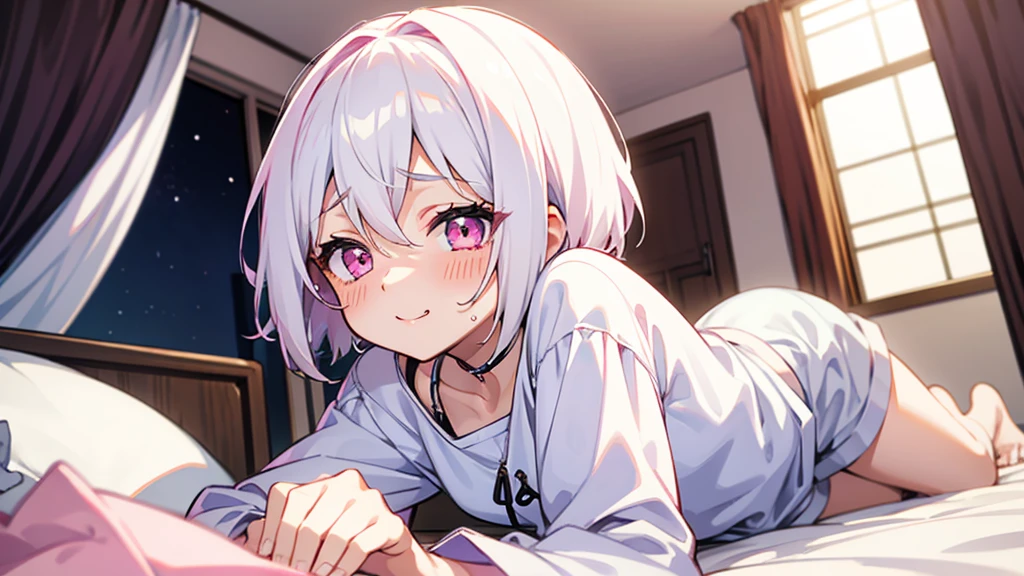 White Hair Girl、Pink Eyes、Short Hair、Only one girl、Night、In the bedroom、Blushing、laughing、Excited、Just One、Sitting on the bed、Sweating、On all fours