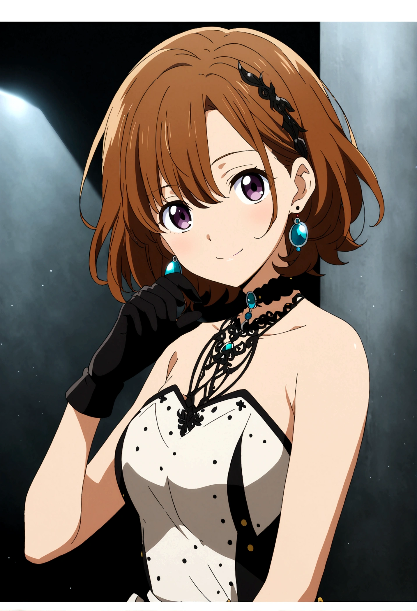 1girl, anime_coloring, black_eyes, black_gloves, brown_hair, choker, earrings, gloves, jewelry, letterboxed, short_hair, smile, solo,  
