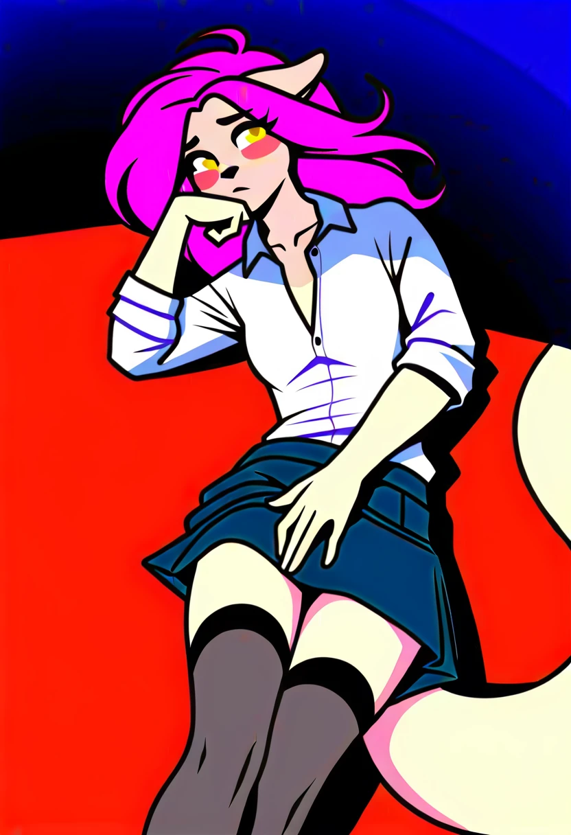 score_9, score_8_up, score_7_up, score_6_up, score_5_up, score_4_upsource_furry, a female anthro fluffy, 1girl, solo, female, furry, anthro, fluffy tail, small breasts, tiger, striped fur, yellow eyes, anthro, tkflora, looking at viewer, bird-eye view, on bed, (school uniform, black stockings:1.2), skirt lift, shy, blush, personalami style