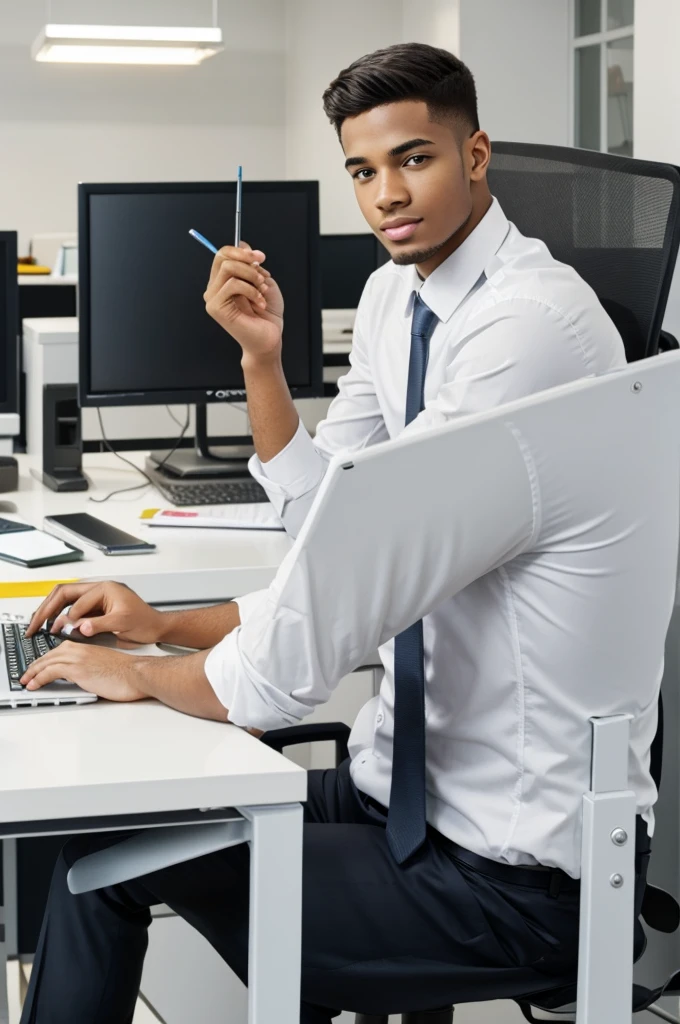 A successful young man with fine features and in a building and his white desk and computers.
Showing your work statistics