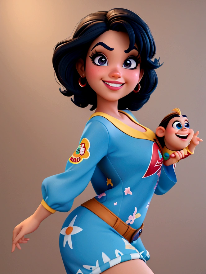 Imagem estilo pixar com personagem 3D óculos brancos morena mulher cabelo curto cacheado dançando, Disney makeup,fisherman, cute, smiling ,close up, pixar, Disney, cinema lighting,