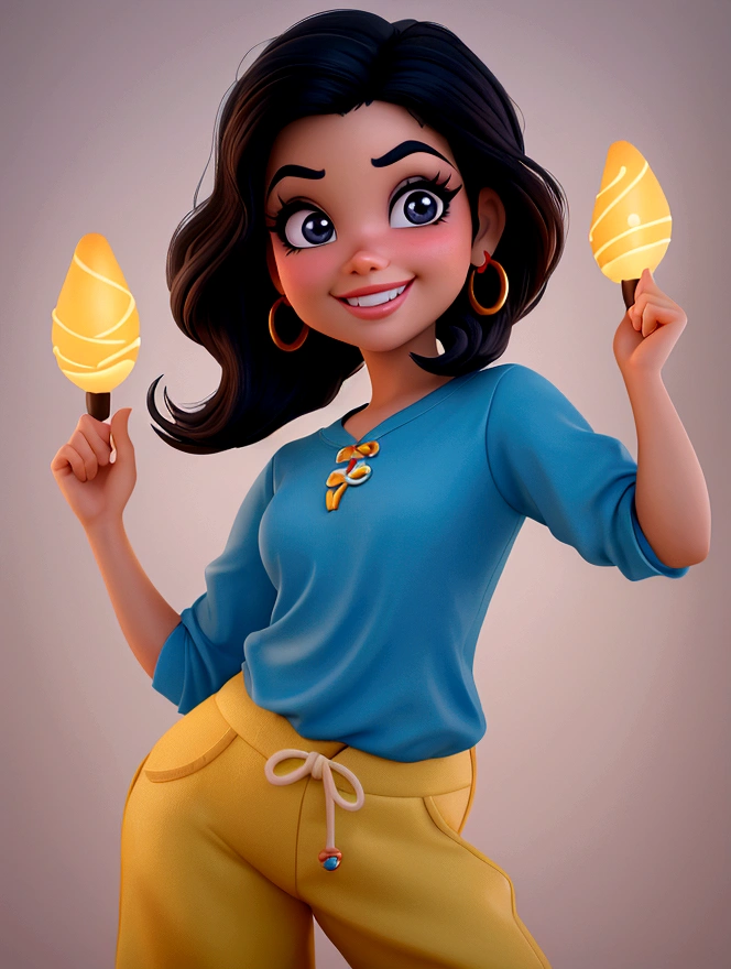 Imagem estilo pixar com personagem 3D óculos brancos morena mulher cabelo curto cacheado dançando, Disney makeup,fisherman, cute, smiling ,close up, pixar, Disney, cinema lighting,