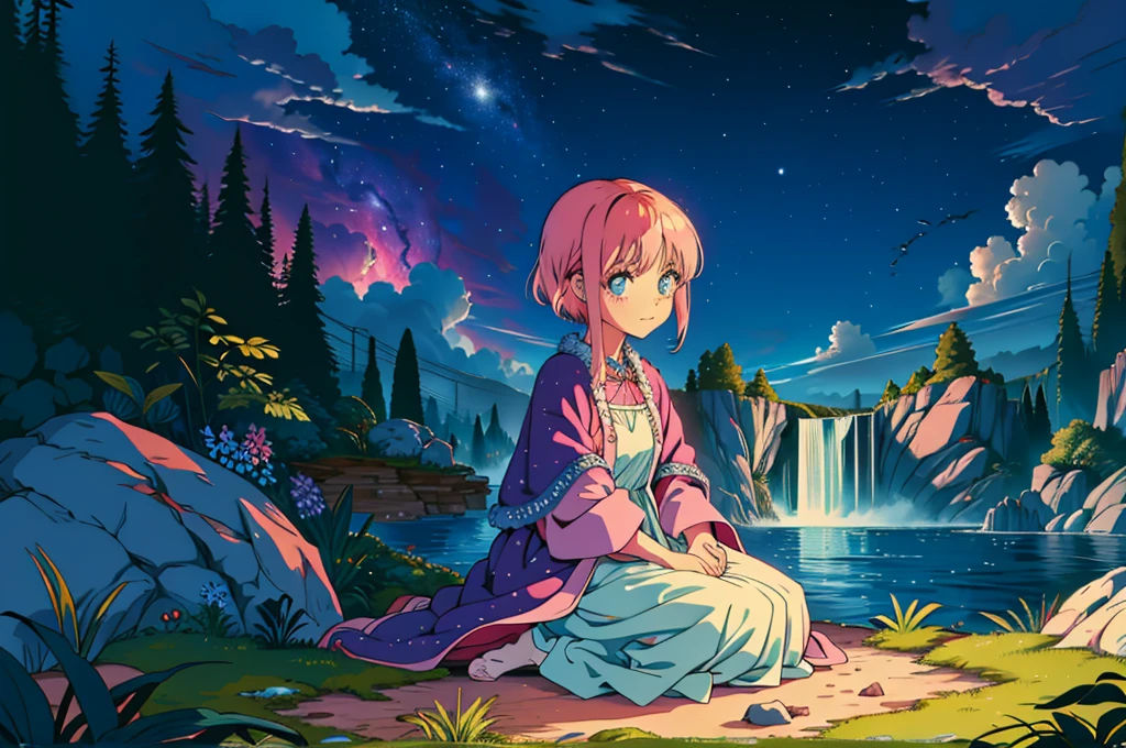 Scenery, light blue sky, 1girl, ichika sitting in the waterfalls, cloud, sitting on rocks in the middle of the waterfall, magical photography, ultra-detailed, 4k, Depth of field, High-resolution, outdoors, starry night sky, starts made of iridescent tears, pastel aesthetic colors, sfw, nakano_ichika, aaichika, Nakano ichika sitting in the waterfall, short silky pink hair, masterpiece, 4k, ultradetailed, cowboy shot, nakano ichika, blue eyes, sparkling eyes, green bowtie, veiled pretty iridescent dress, minimal dress, attractive confident smile, happy, cute, Official art、Beautifully Aesthetic:1.2)、(a beauty girl:1.3)、vivid colours、colourful, Soft Light, Deep Focus Bokeh, fantasy, galaxy, sparkling, splendid, colorful, dramatic lighting, intricate details, (1 girl, solo, alone), intricate details, sfw, nakano_ichika, sparkling eyes, laughing happily, crystal, fantasy, shimmering, sparkling, splendid, colorful, bright colours. fix her hands, studio lighting:1.2), ichika nakano, 