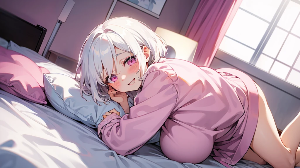 White Hair Girl、Pink Eyes、Short Hair、Only one girl、Night、In the bedroom、Blushing、laughing、Excited、Just One、Sitting on the bed、Sweating、On all fours