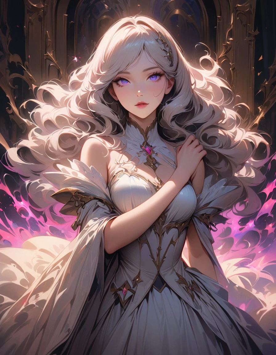(Best quality,4K,A high resolution,masterpiece:1.2),detailed,realistic,Beautiful girl,beautiful lady uniform,mesmerizing eyes,curly white hair,fine features,elegant pose,white renaissance dress,unearthly beauty,glowing aura,white lace eye mask,atmosphere of the aristocracy,soft lighting,bed colors, Pastel shades