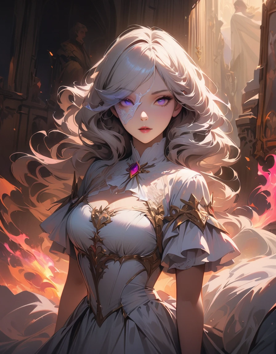 (Best quality,4K,A high resolution,masterpiece:1.2),detailed,realistic,Beautiful girl,beautiful lady uniform,mesmerizing eyes,curly white hair,fine features,elegant pose,white renaissance dress,unearthly beauty,glowing aura,white lace eye mask,atmosphere of the aristocracy,soft lighting,bed colors, Pastel shades