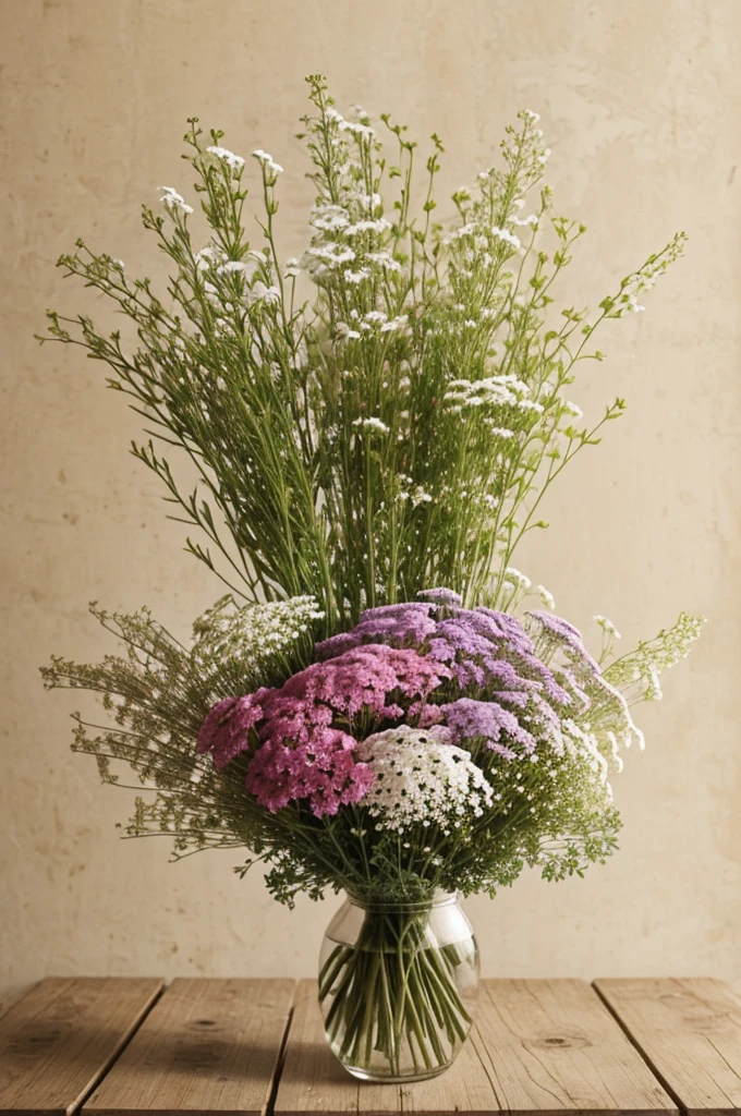 Bouquet of gypsophila ,lush multicolored ,realistic ,beige background ,light