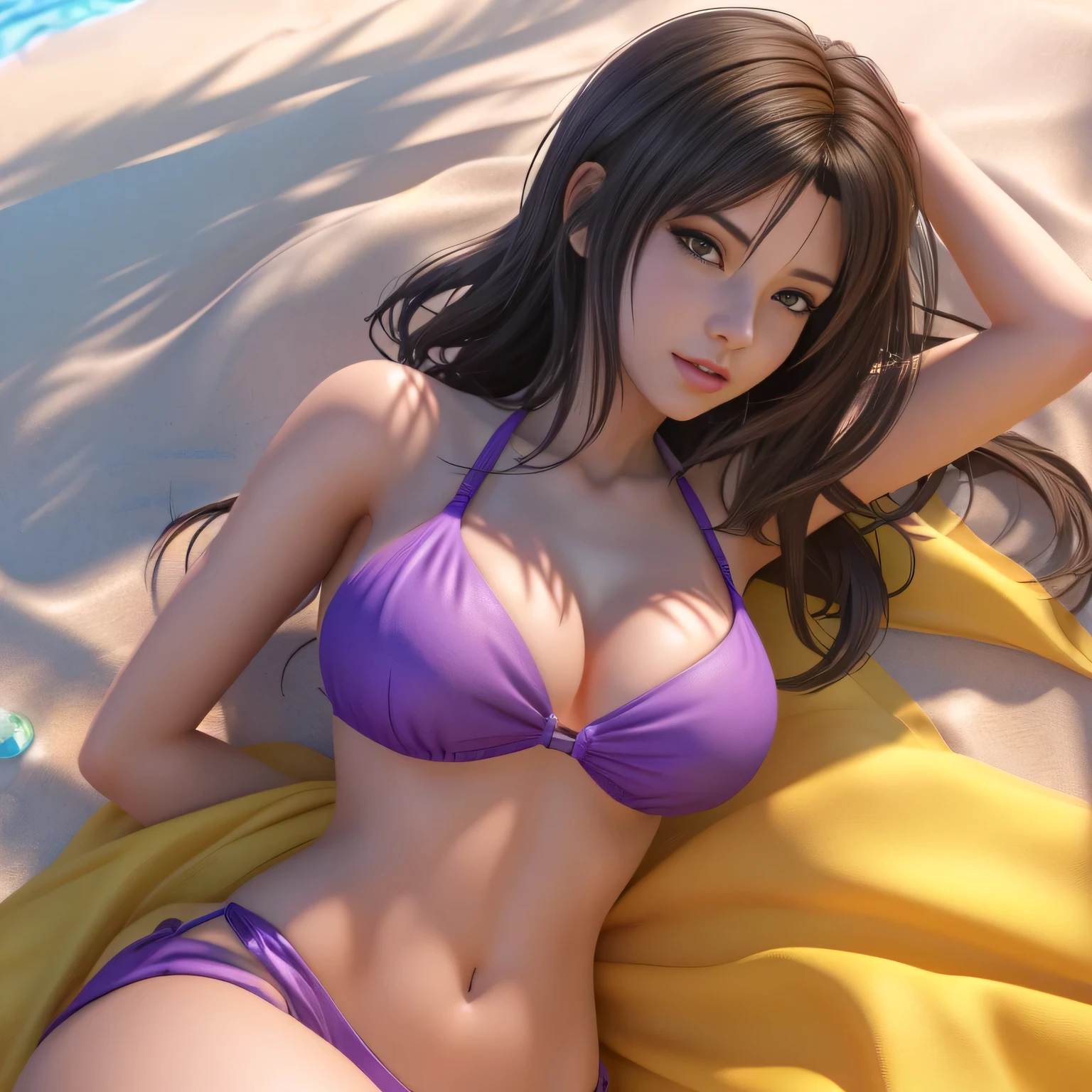 araffe woman in a purple bikini laying on a yellow towel, realistic bikini, photorealistic anime girl render, seductive anime girl, photorealistic perfect body, 3 d anime realistic, beautiful alluring anime woman, smooth anime cg art, seductive tifa lockhart portrait, realistic shaded perfect body, realistic anime 3 d style, photorealistic anime, tifa lockhart