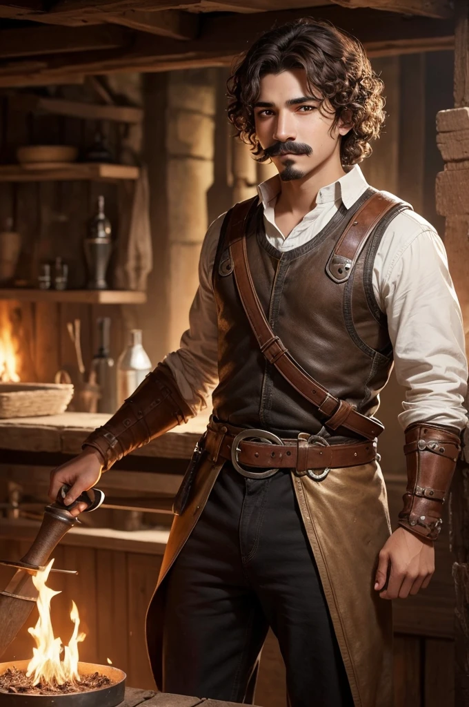 The 18-year-old blacksmith boy after knight has brown curly hair and brown or golden eyes.  
With a goatee and mustache