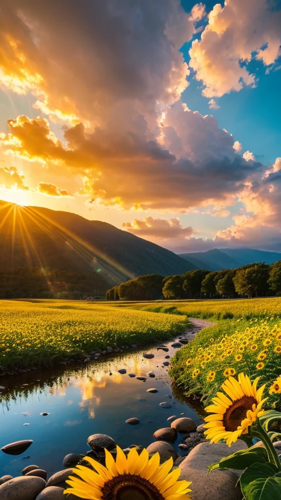 there is a rainbow in the sky over a beach with rocks and pebbles, seashore, arafed sunflowers in a field at sunset with a mountain in the background, a picture inspired by Phil Koch, shutterstock, fine art, sunflower field, colors: yellow sunflowers, colors : yellow sunflowers, field of sunflowers, scene: sunflower field, scene : sunflower field, sunflowers, arafed view of a mountain with a sunbeam and clouds, heavenly landscape, god sun rays, heavenly light, sunshine lighting high mountains, rays of god shining from above, among heavenly sunlit clouds, sun through majestic clouds, holy light rays, god's rays highly detailed, rays of god, glowing god rays, heaven in the top, beautiful light raysbeautiful iphone wallpaper, warm beautiful scene, amazing wallpaper, vibrant and vividmagical beach, sunny rainbow galaxy stormy sea, by Igor Grabar, colorful hd picure, near the seashore, rainbow reflections, just one rainbow 8 k, beach landscape, still of rainbow ophanim, calm vivid colors, by Marie Bashkirtseff, beautiful beach
