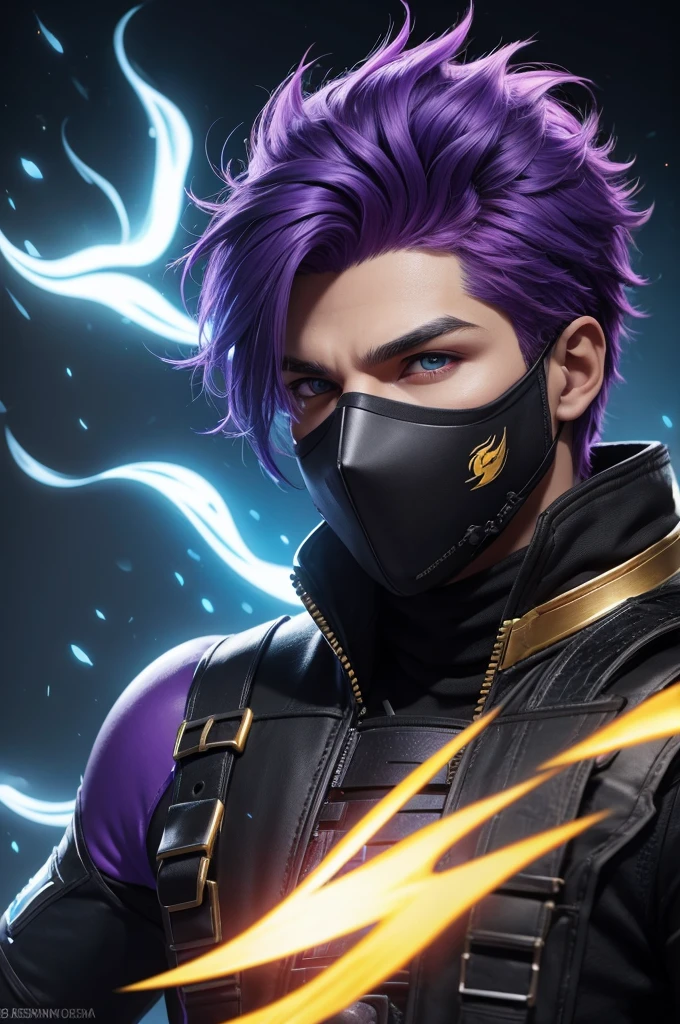 Quero uma skin de Free fire, male with purple free fire hair, a black mask covering his nose with bright eyes with blue flames, black character and gold and black eagle breastplate