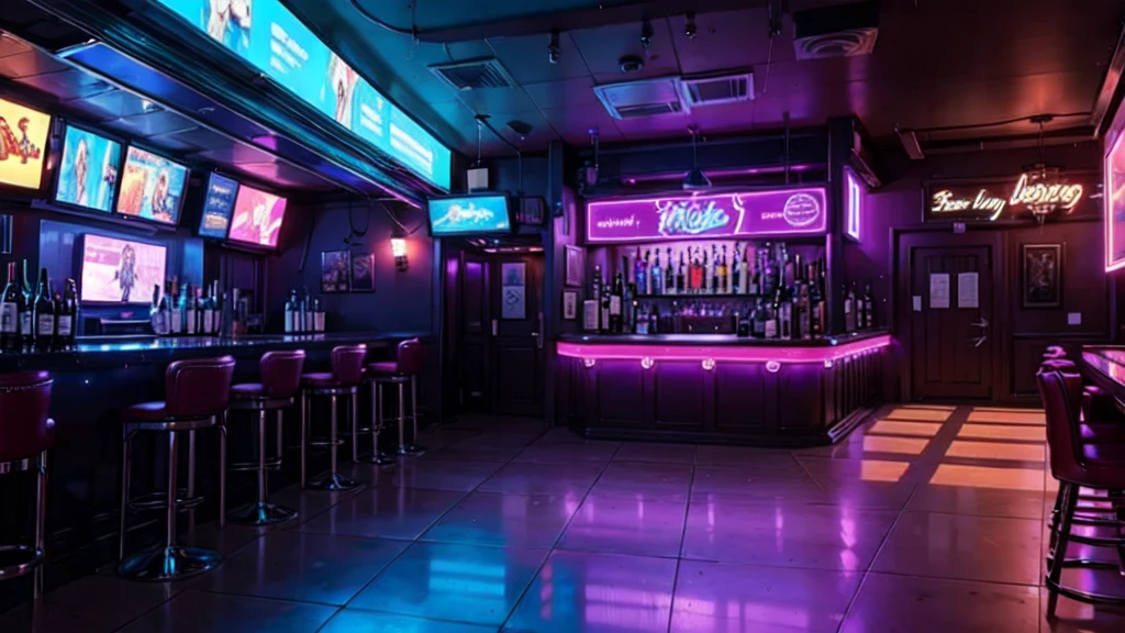 best quality, Strip Night Club interior with Bar, Neonlights in Peoples,