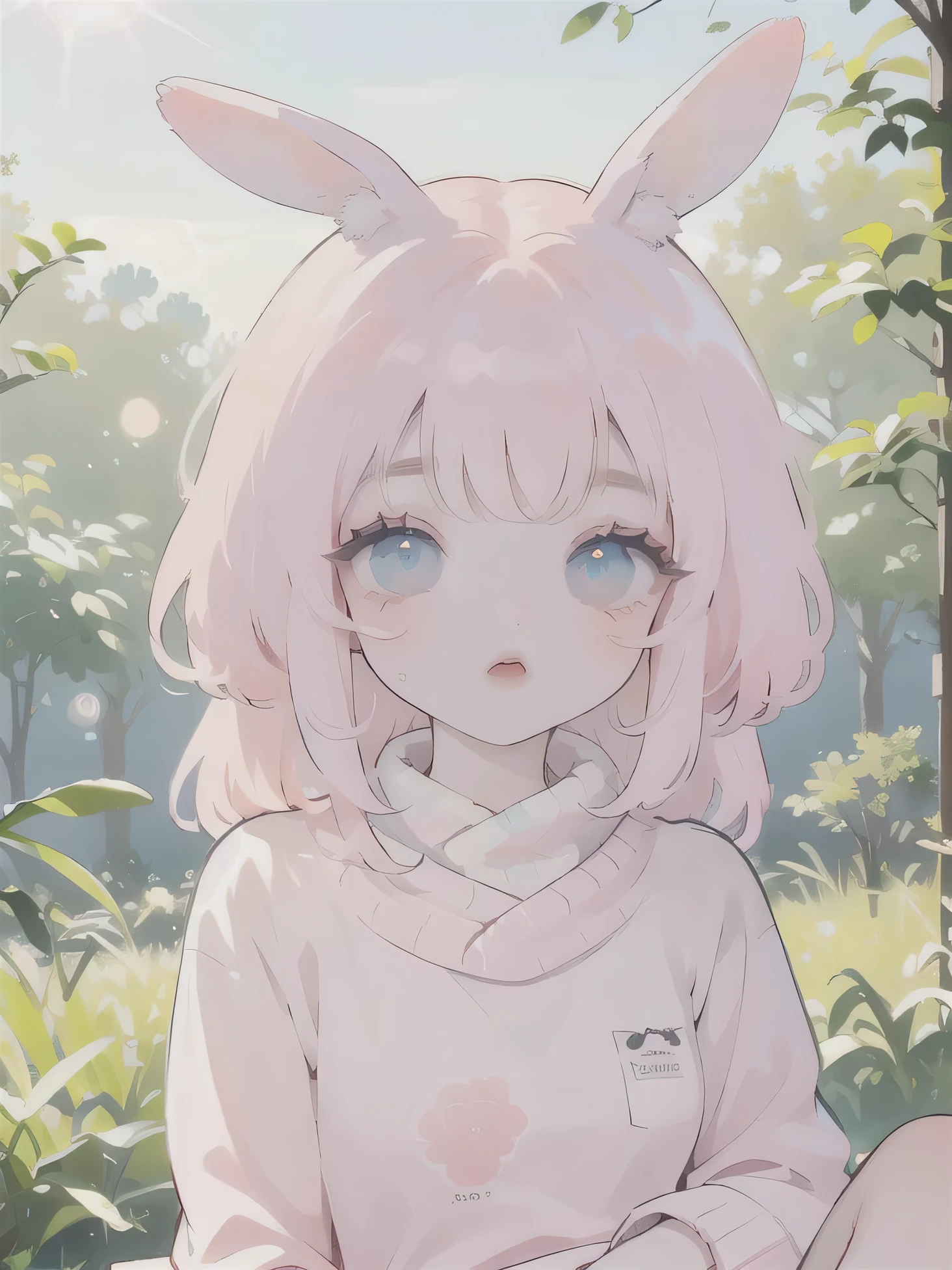 (high quality) (best quality) (a woman) (correct physiognomy) (perfect students) (perfect eyes) anime woman, deep pink long and fluffy hair pink, two rabbit ears coming out of her head, blue eyes, lips sensitive, feminine appearance, soft facial features, thin eyebrows, soft skin, rosy cheeks, pink lips, silky eyelashes, dreamy expression, middle age, youthful clothing, print sweatshirt, photo illuminated by sunlight, Woman sitting on forest.
