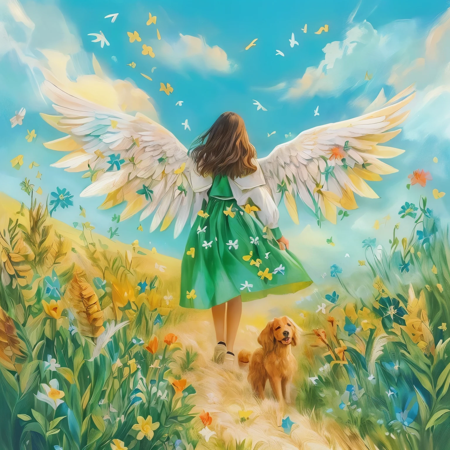 painting of a girl with wings and a dog in a field, spreading her wings, girl with angel wings, by Marie Angel, with beautiful wings, outstretched wings, full of paintings of angels, jen bartel, of an beautiful angel girl, with wings, by Elaine Hamilton, winged girl angel, feathery wings, dreamy illustration, a beautiful artwork illustration