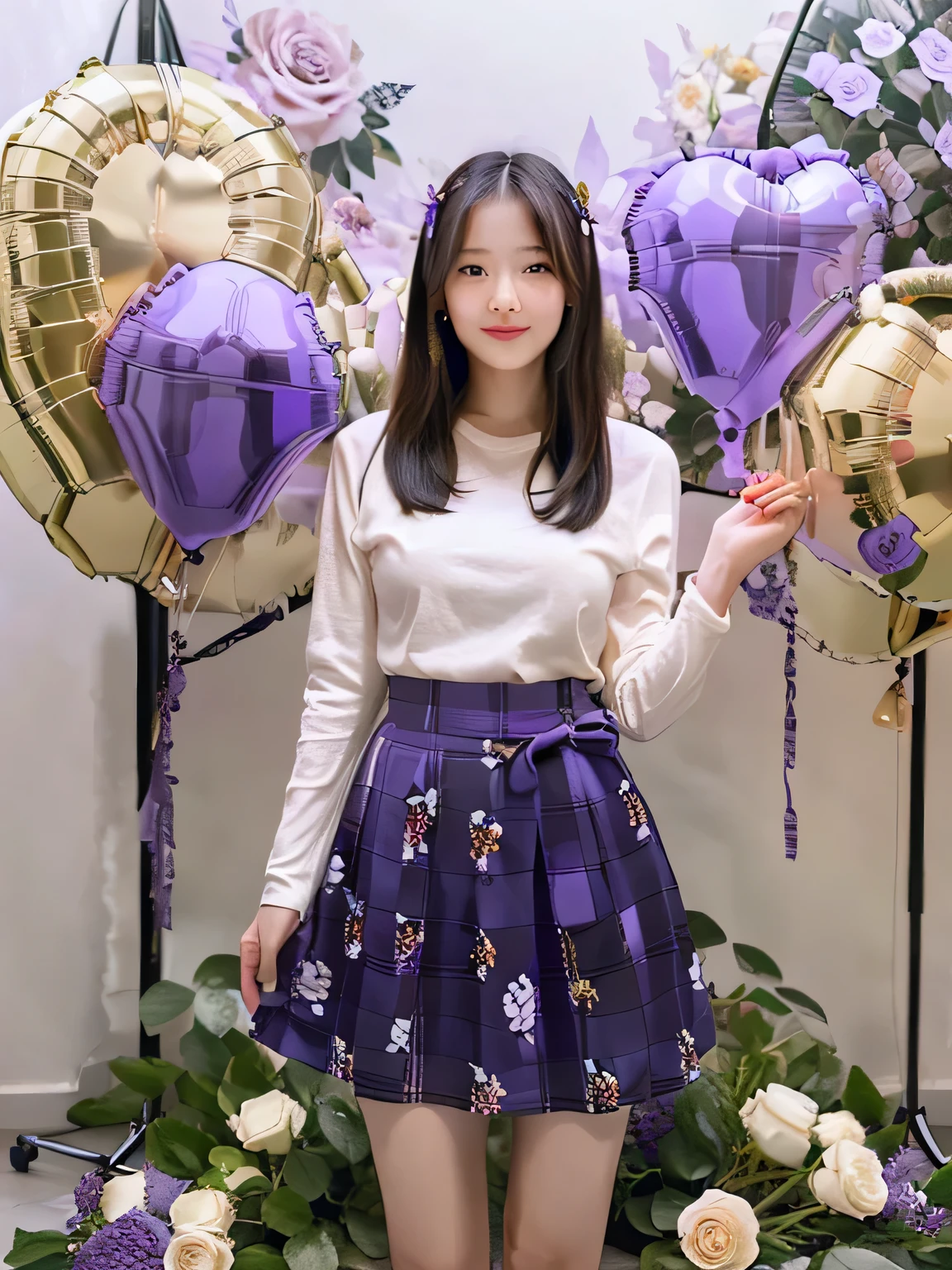 a young woman with an Indonesian face. very beautiful with simple makeup. wearing simple clothes (long balloon sleeves, long flowing skirt with a soft purple floral pattern), carrying a bouquet of roses. Set in a photo studio full of flowers, give a light shadow effect.
