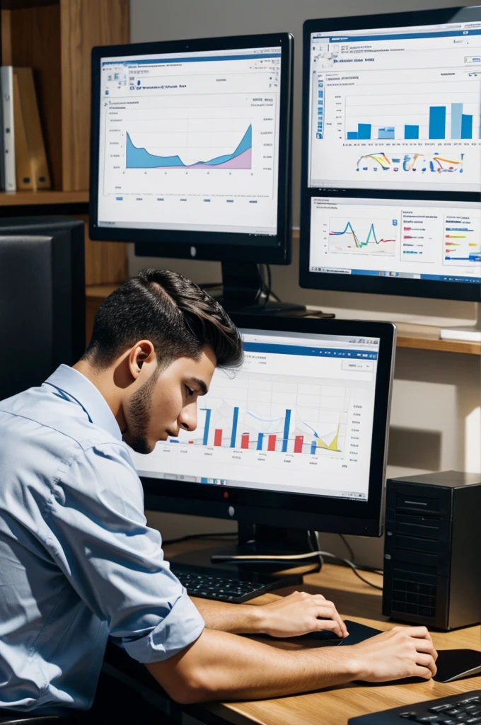 A young man at his desk, showing statistics neither your work and your computer