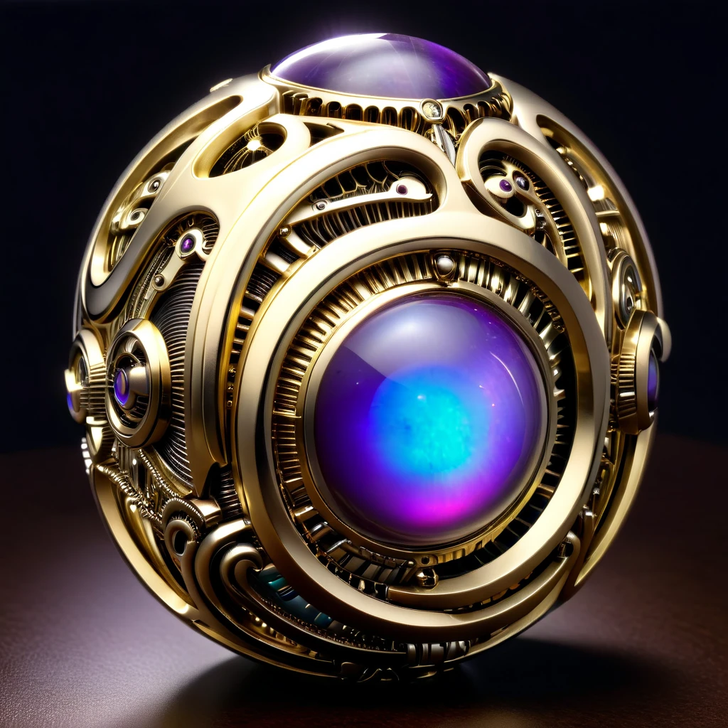 a gold and opal mechanical orb, giger style, silvercarvingcd_xl , purple heart aura,