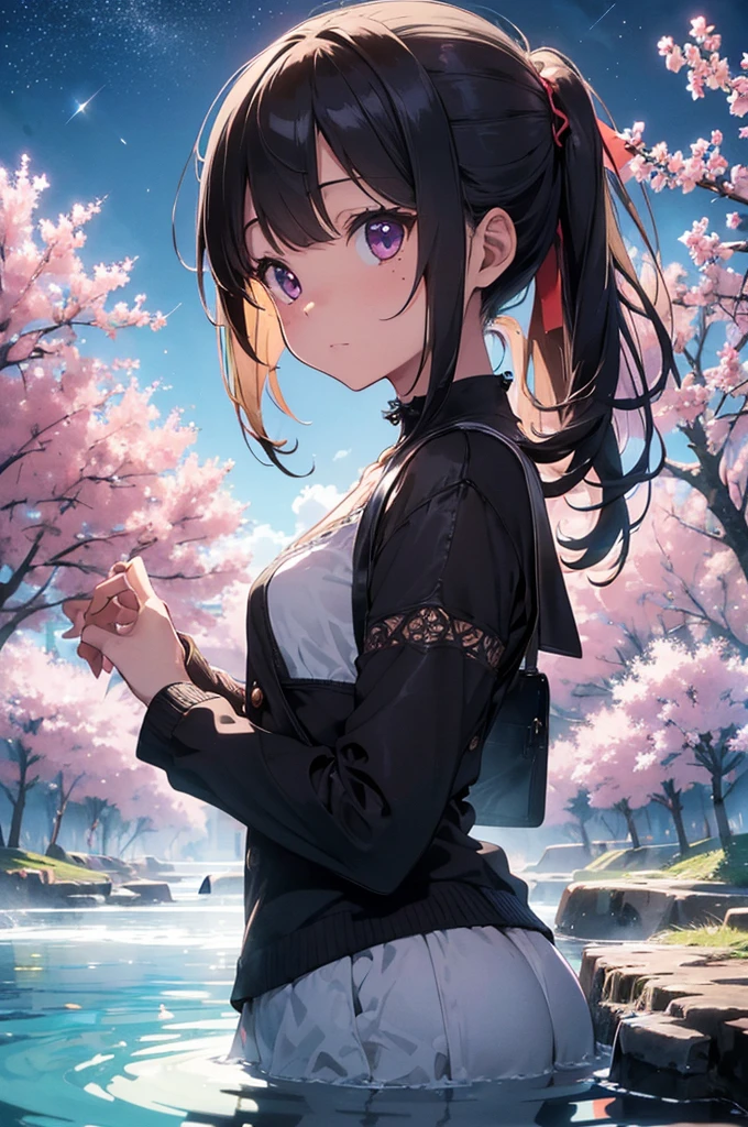 Cinematic, (Artwork), (best quality), (ultra-detailed), very aesthetic, illustration, perfect composition, intricate details, absurdities, (anime, Artwork, intricate:1.3), (best quality, hire textures , High detail:1.2), (4K),(incredibly detailed:1.4) 《Work of art》, 《best quality》, 《ultra-detailed》, Hot spring, mist, stones, cherry blossoms, glittery mist, moonlight, Heaven, lots of stars in the Heaven,