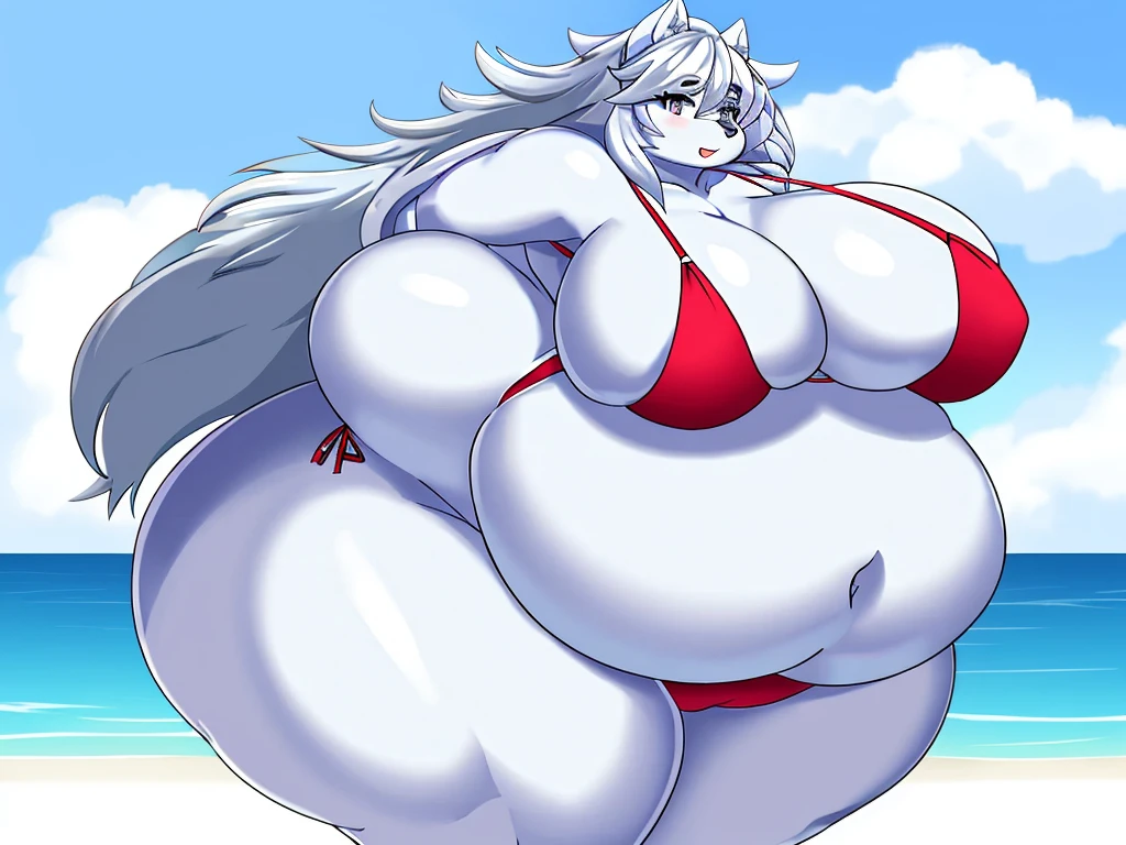 Silver wolf, female, huge breasts, huge hips, huge thighs, plump, voluptuous, morbidly obese, fat arms, fat legs, belly rolls, fat rolls,silver body,white spots,white markings, silver eyes,silver hair,shiny hair,messy hair,bikini