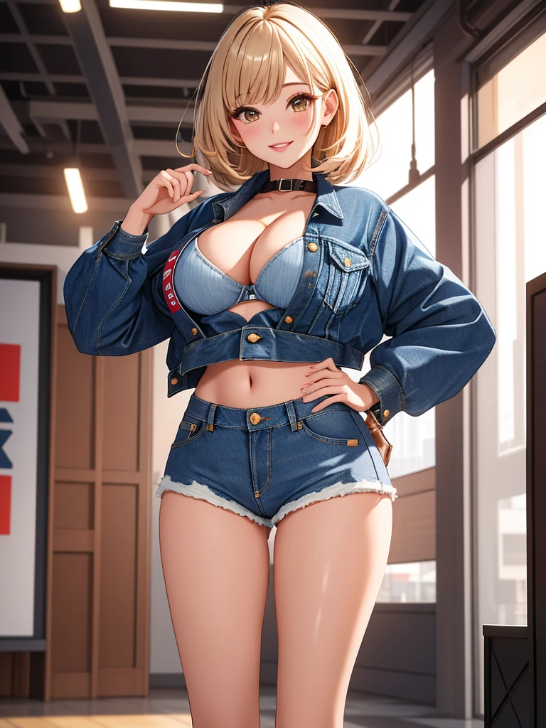 best quality, 1girl, masterpiece ultra detailed, illustration, glossy lips, indoors, standing, big breasts, (((very short denim shorts))), micro shorts, (black latex crop top), light smile, view viewers from the front, tigh strap, cleavage, presenting panties in her hand