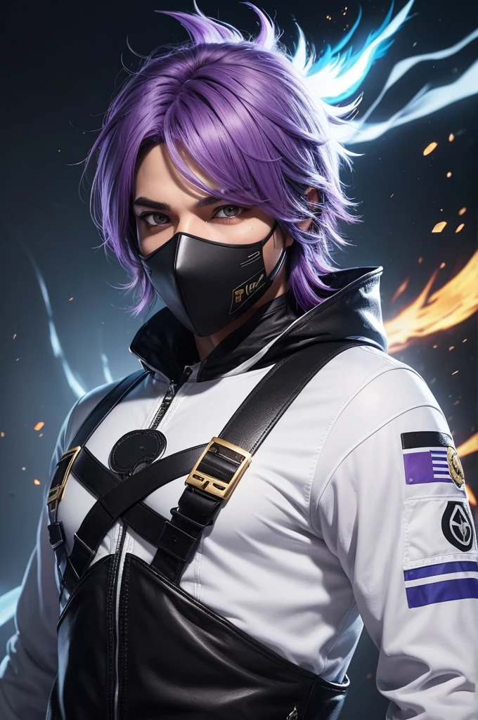 Quero uma skin de Free fire, male with purple hair in the white color of free fire, a black mask covering his nose with bright eyes with blue flames, black character and gold and black eagle breastplate