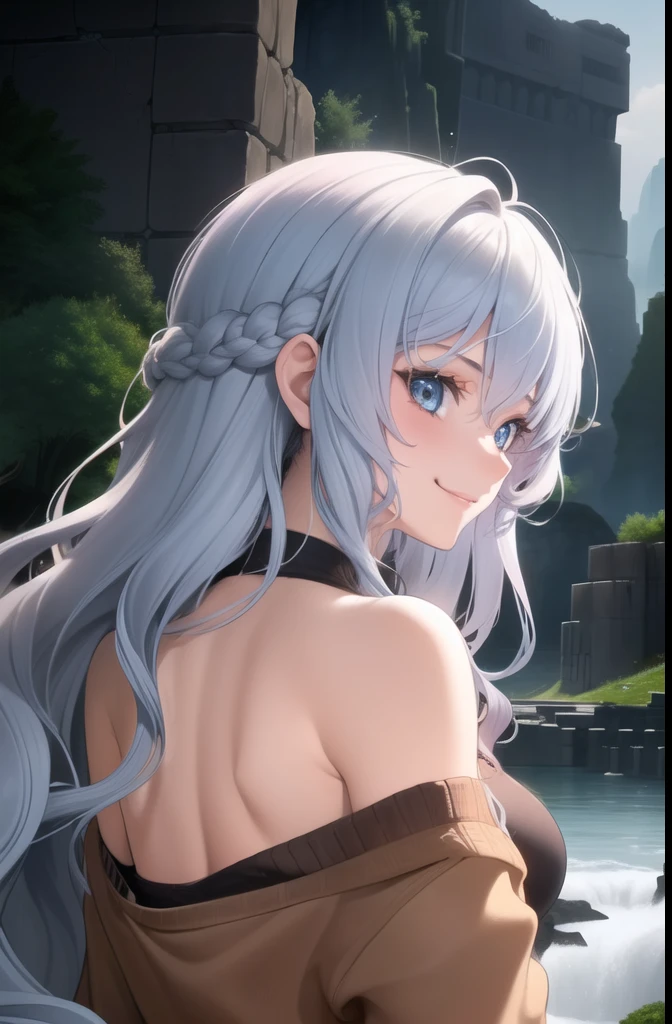 1girl, solo, upper body, from behind, light blue hair, wavy long hair, beutiful, (princess face) 15 year old teenager, blue eyes, looking at viewer, smile, brown sweater, collarbone, off shoulder, strapless, Ruins of a Jedi temple with river and waterfalls background. BROWN CLOTHES. ALMOST CURLY HAIR.