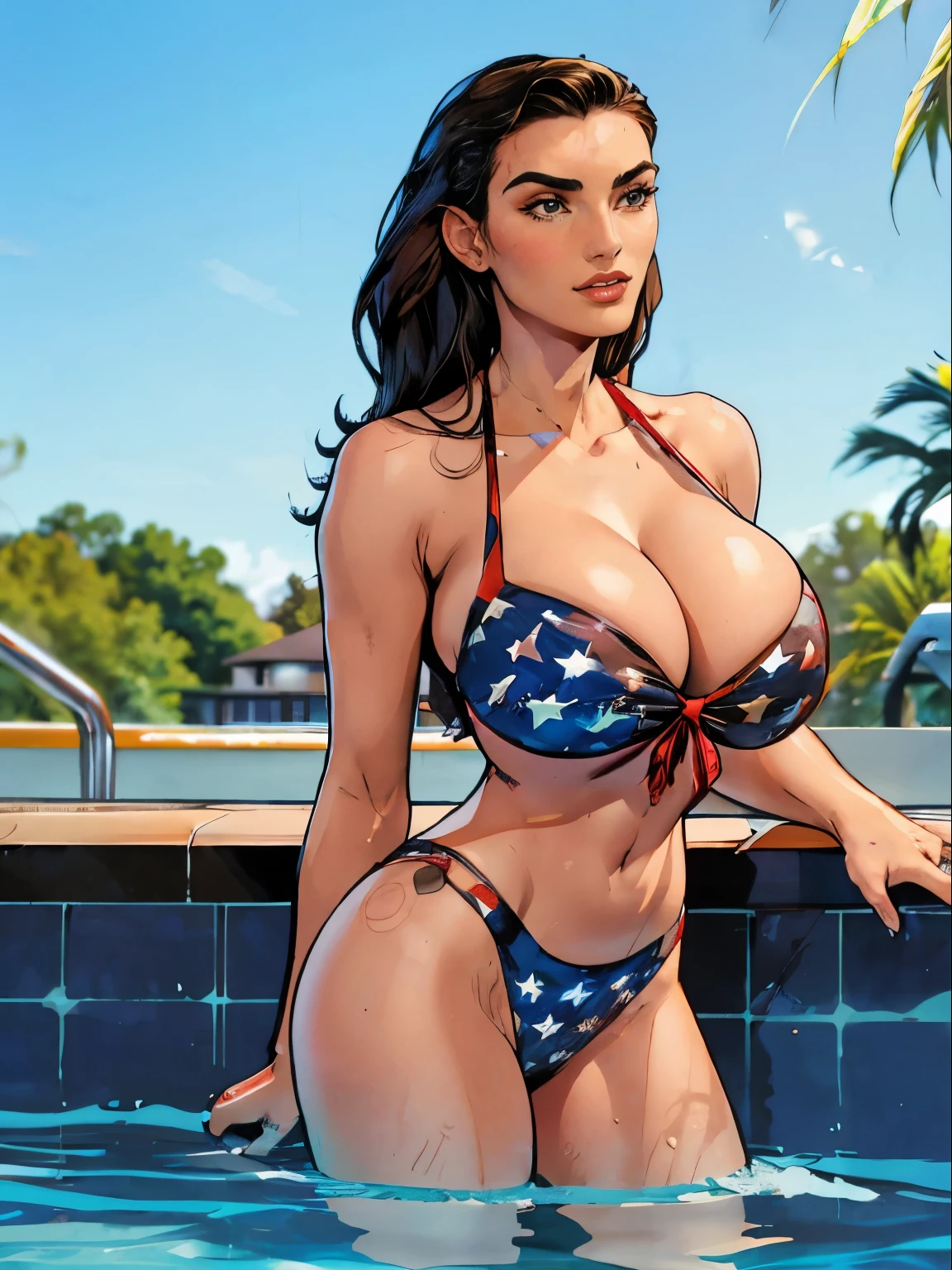 Gorgeous and sultry busty athletic (thin) brunette (smirking) with sharp facial features and a ((long), slicked-back hair) and (huge , long legs) wearing a star-spangled American flag print bikini, Americana, swimming pool.