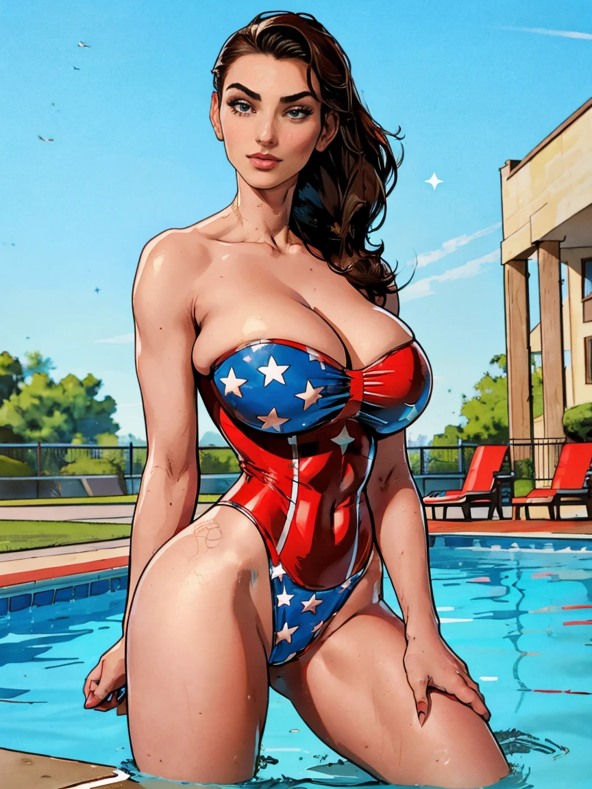 Gorgeous and sultry busty athletic (thin) brunette (smirking) with sharp facial features and a ((long), slicked-back hair) and (huge , long legs) wearing a star-spangled American flag print bikini, Americana, swimming pool.