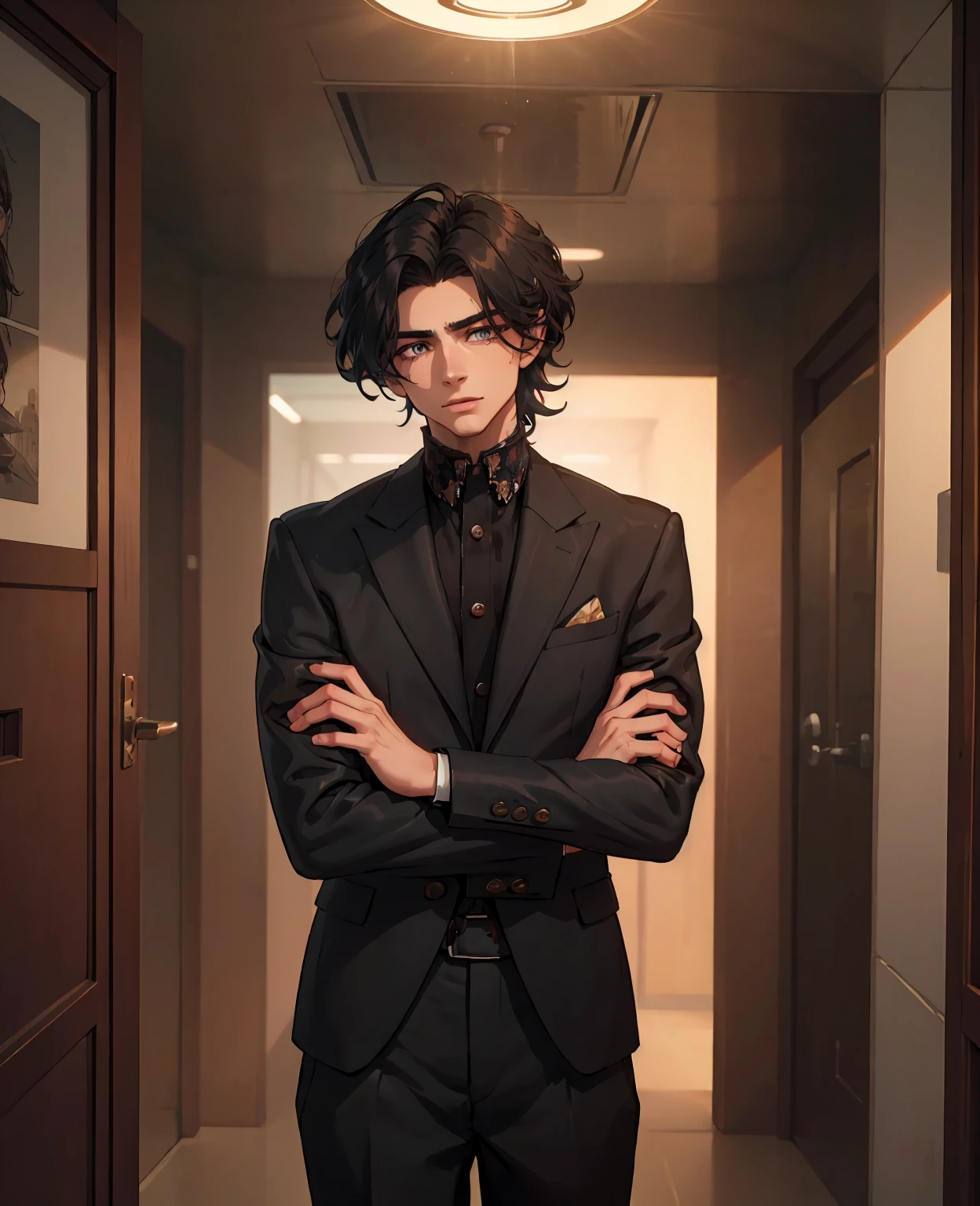 a beautiful young man with intense eyes, mesmerizing gaze, flawless skin, striking facial features, elegant posture, artfully styled hair, wearing a tailored suit, confident expression, moody dramatic lighting, cinematic composition, warm color palette, high-end fashion editorial