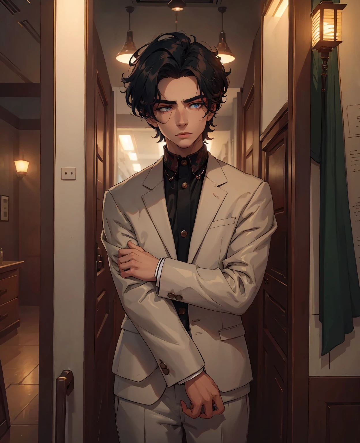 a beautiful young man with intense eyes, mesmerizing gaze, flawless skin, striking facial features, elegant posture, artfully styled hair, wearing a tailored suit, confident expression, moody dramatic lighting, cinematic composition, warm color palette, high-end fashion editorial
